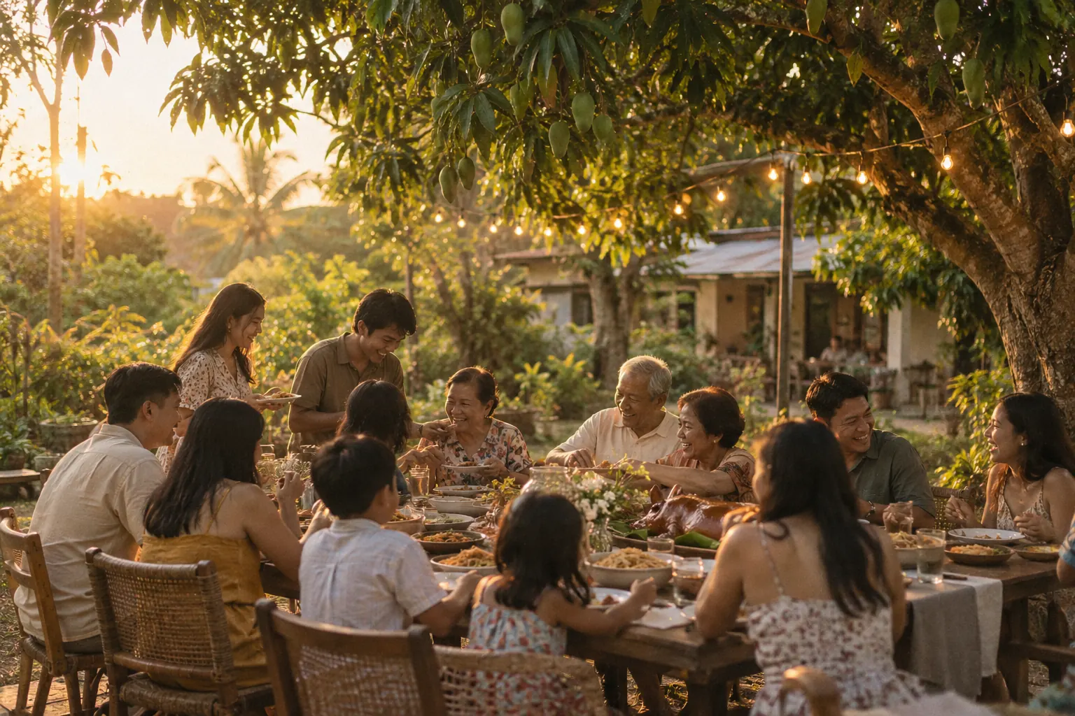 Family gathered at a long table under a mango tree